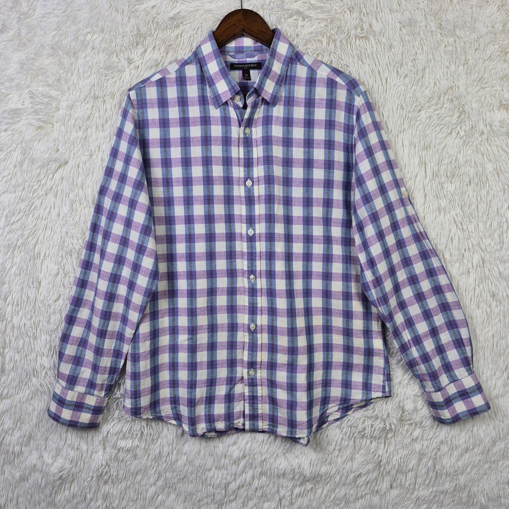Banana Republic Mens Purple Plaid Linen Cotton Roll Tab Button Down Shirt Size M
